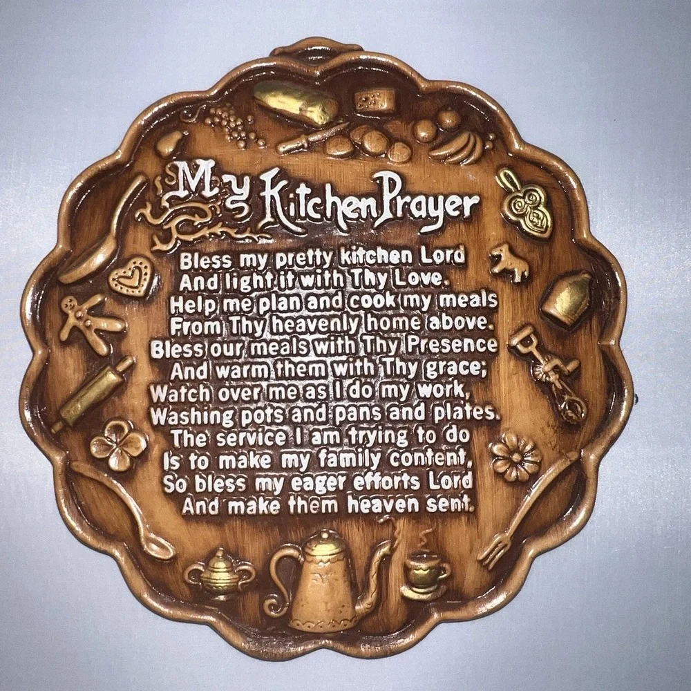Vintage 1960s Wall Plaque MCM My Kitchen Prayer Brown Resin Farmhouse Decor 3D